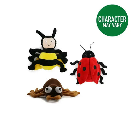 Plush insect toys from ancol playtime featuring a black yellow bee red ladybug and brown spider with big eyes