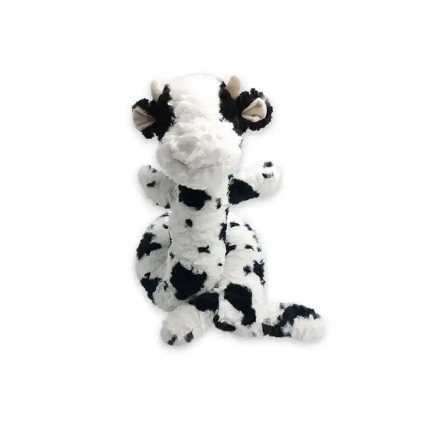 A plush black and white cow toy with soft fluffy fur from ancol playtime super long collection