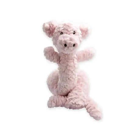A soft blush pink ancol playtime super long pig plush toy with curly fur texture and black button eyes