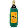Green plush champagne bottle toy with gold foil top and pups fizz sticker by ancol pups fiz