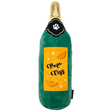 Green plush champagne bottle toy with gold foil top and pups fizz sticker by ancol pups fiz
