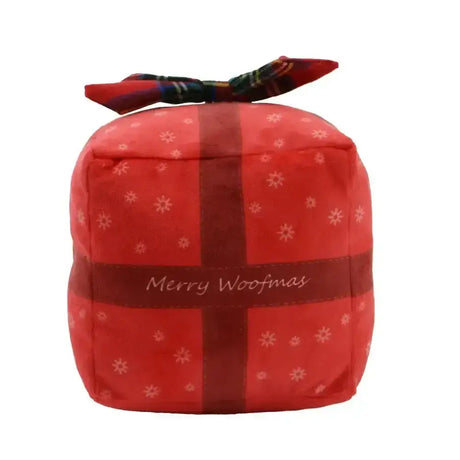 Red plush ancol ropey christmas present dog toy with plaid ribbon bow and merry woofmas embroidery