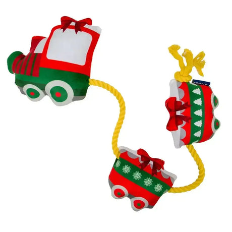 Red and green plush ancol ropey train toy with yellow rope connecting three festive carriages perfect for christmas fun