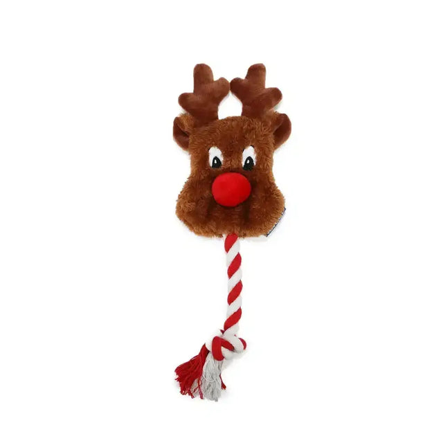 Brown plush ancol rudolph dog toy with red nose and colourful striped rope tail for festive fun