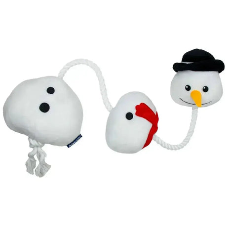 Ancol Seb ropey snowman plush toy with black hat and red scarf next to a ghost dog, perfect for equestrian pets