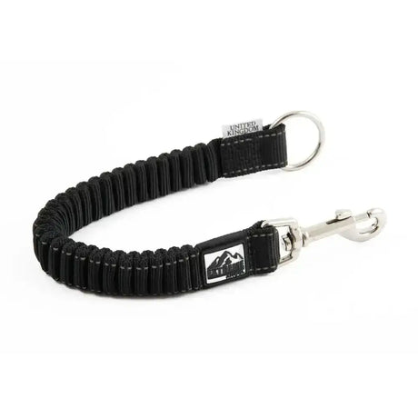 Black elastic dog leash with silver hardware and ancol shock absorber branded patch featuring extreme range feature