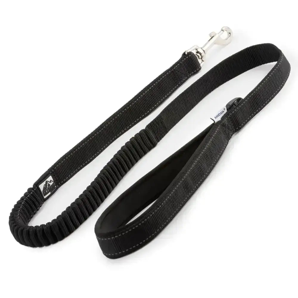 Black ancol shock absorbing lead with elastic fabric handle and sturdy metal clasp featuring extreme range feature