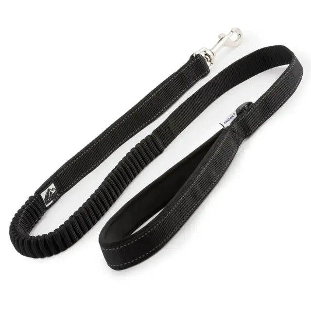 Black ancol shock absorbing lead with elastic fabric handle and sturdy metal clasp featuring extreme range feature