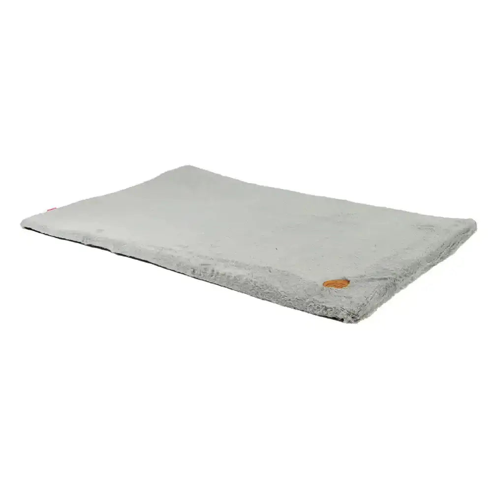 Gray plush ancol sleepy paws flat pet bed with soft fuzzy texture and small orange tag on corner
