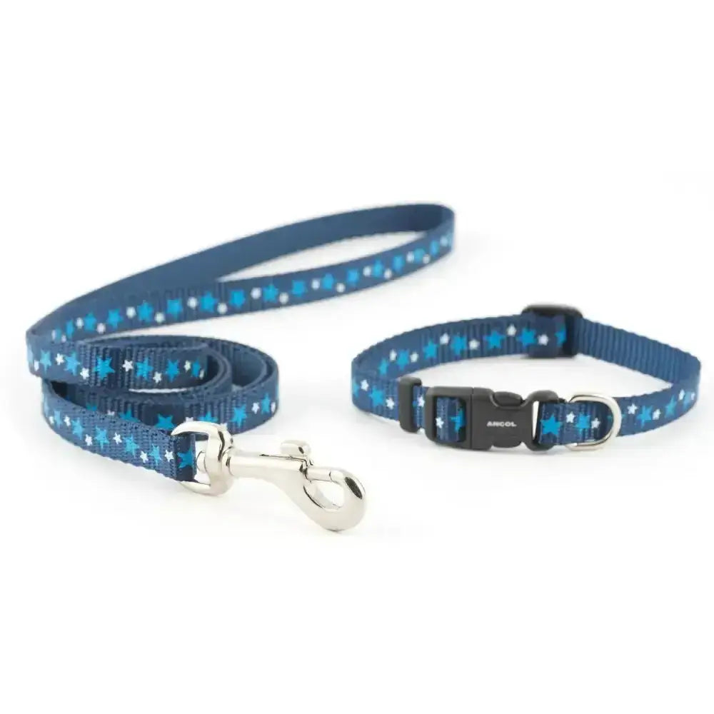 Ancol small bite collar and lead set star in blue with star pattern and silver hardware for stylish walks