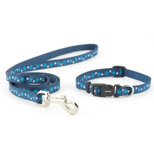Ancol small bite collar and lead set star in blue with star pattern and silver hardware for stylish walks