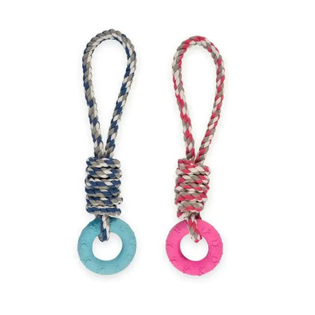 Ancol small bite rope dog toys with braided blue gray and pink gray strands ending in ring blue pink rubber grips