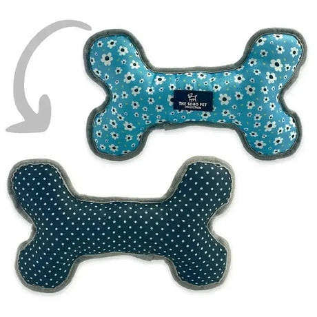 Teal and navy blue ancol soho pet bone toy with white patterns gray stitched edges and the soho pet collection label