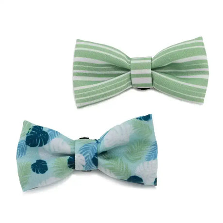 Two ancol soho pet bow ties featuring light green stripe and blue mint tropical leaf patterns for pets