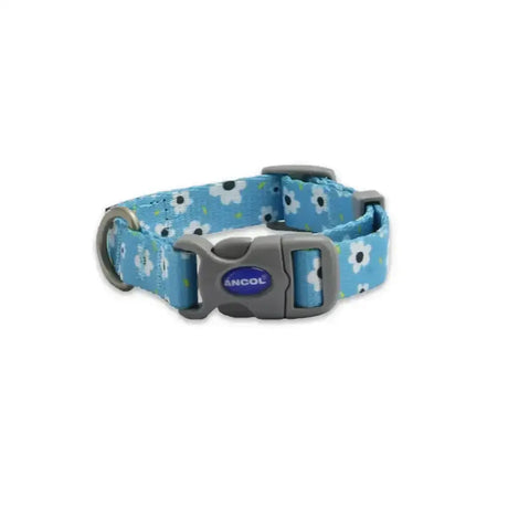 Light blue ancol soho pet collar with modern daisy pattern, gray buckle, and metal d-ring for stylish pets