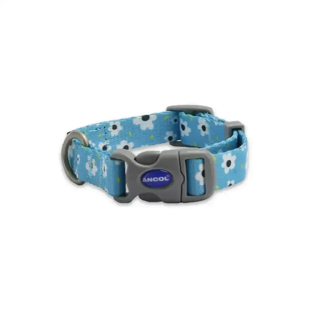 Light blue ancol soho pet collar with modern daisy pattern, gray buckle, and metal d-ring for stylish pets