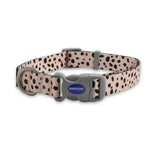 Pink ancol soho pet collar dalmatian with modern dalmatian pattern black polka dots and gray plastic buckle