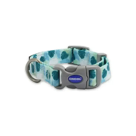 Teal and white tropical leaf pattern ancol soho pet collar with gray plastic buckle and modern leaf pattern design