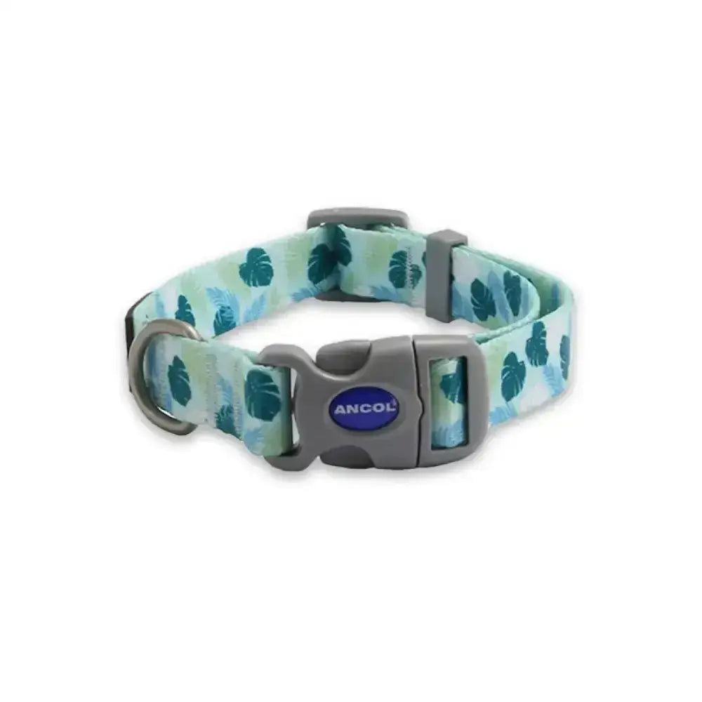 Ancol soho pet collar in teal and light green with a modern leaf pattern and gray ancol logo buckle