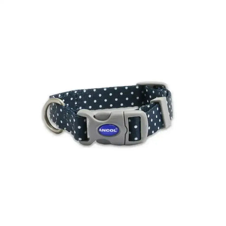 Dark blue ancol soho pet collar polka dot with gray plastic buckle and metal d-ring for dogs