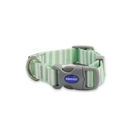 A mint green and white striped ancol soho pet collar with a gray plastic buckle and modern stripe pattern