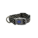 Ancol soho pet collar zig zag features a black and white zigzag pattern with a gray plastic buckle and ancol logo
