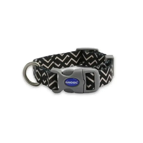 Ancol soho pet collar zig zag features a black and white zigzag pattern with a gray plastic buckle and ancol logo