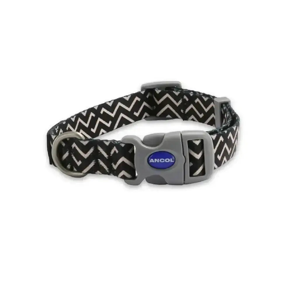 Ancol soho pet collar zig zag is a black and white patterned dog collar with gray buckle and metal d-ring