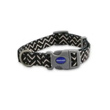 Ancol soho pet collar zig zag is a black and white patterned dog collar with gray buckle and metal d-ring