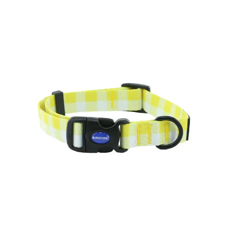 Ancol soho pet yellow check patterned dog collar with black plastic buckle and d-ring in colour yellow patterned