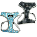 Light blue and black polka dot ancol soho pet reversible daisy harness with gray trim from the soho pet collection