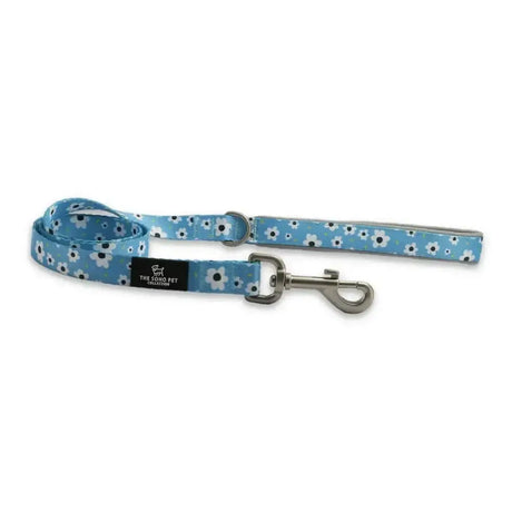 Ancol Soho pet lead light blue leash with modern daisy pattern and silver metal clasp for easy pet walking