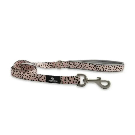 Pink ancol soho pet lead with modern dalmatian pattern black polka dots and silver metal clasp for pets