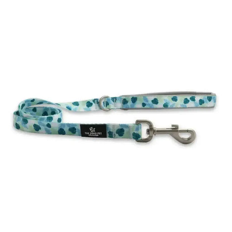 Ancol Soho pet lead with a modern leaf pattern in teal and white featuring silver metal hardware