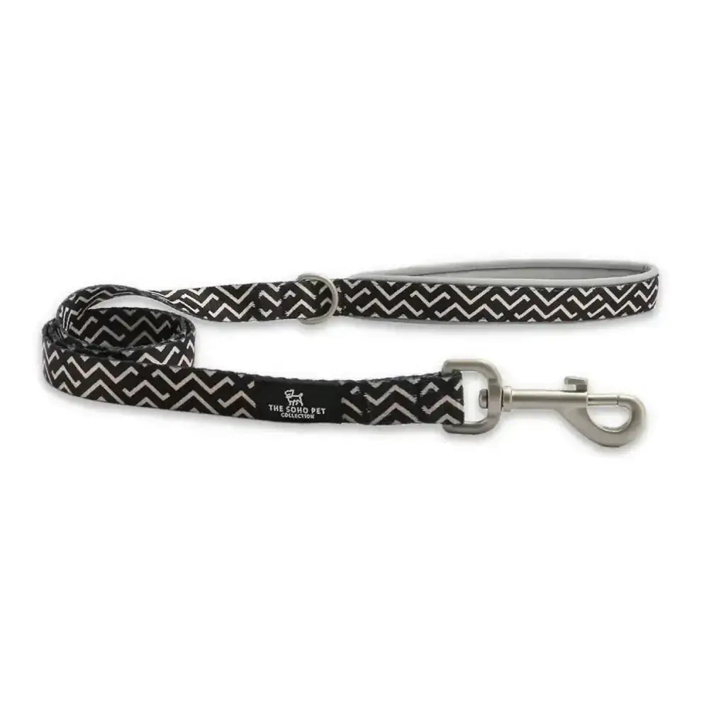 Black and white zig zag ancol soho pet lead with silver metal hardware for stylish modern zig zag walks