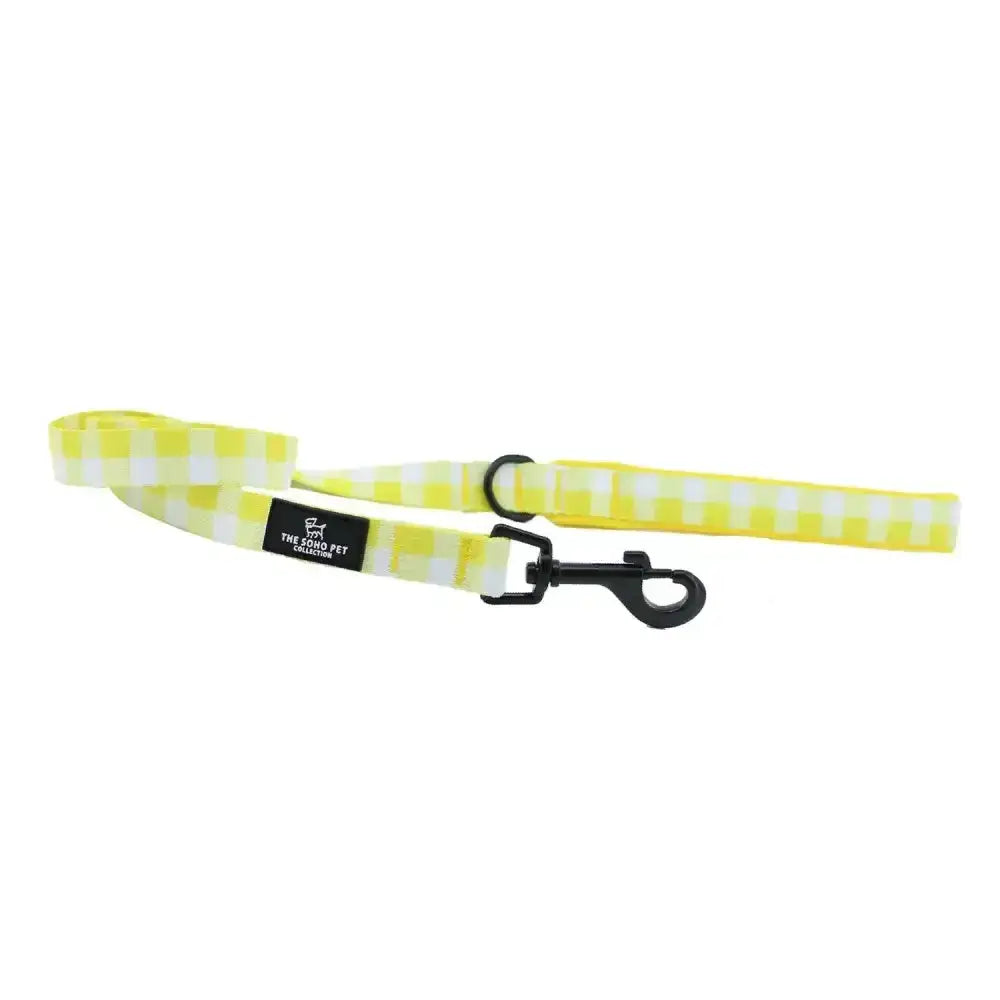 A bright yellow and white gingham patterned lead with a black metal clasp ancol soho pet patterned lead yellow check