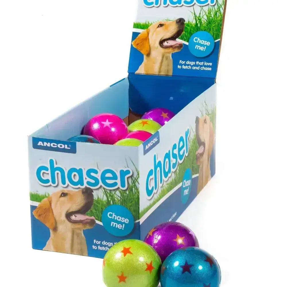 Brightly colored shiny plastic ancol sponge ball stars dog toys in pink green purple and blue with star patterns
