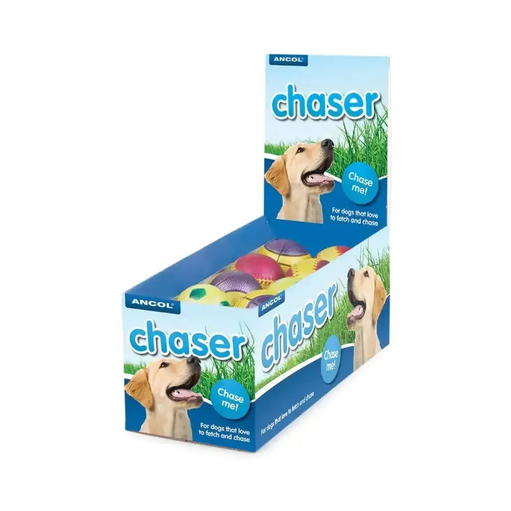 Ancol sports balls dog toy display box with colorful textured spongy rubber balls for active play