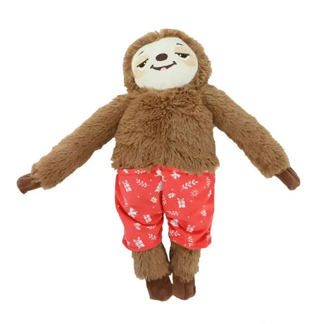 Ancol stevie sloth plush dog toy with brown fluffy fur wearing colourful christmas character red pajama pants