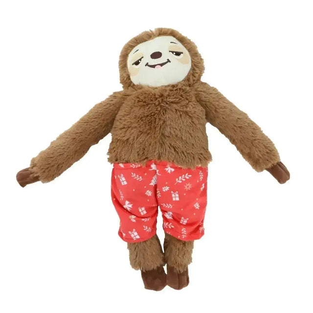 Ancol stevie sloth plush dog toy with brown fluffy fur wearing colourful christmas character red pajama pants