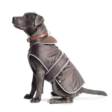 Brown ancol stormguard dog coat with splashguard chest protector gray trim and internal fleece lining
