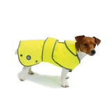 Bright yellow ancol stormguard dog coat with gray trim and reflective patches for visibility and splashguard chest protector