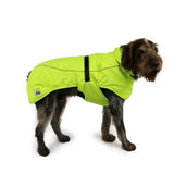 Bright lime green ancol stormguard dog coat with splashguard chest protector and reflective yellow strips for safety