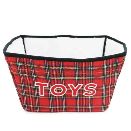 Ancol tartan toy box made of red plaid fabric with black trim and white interior for storing dog toys