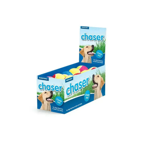 Blue and white cardboard display box with colorful soft ancol tennis ball dog toys perfect as ball dog toy
