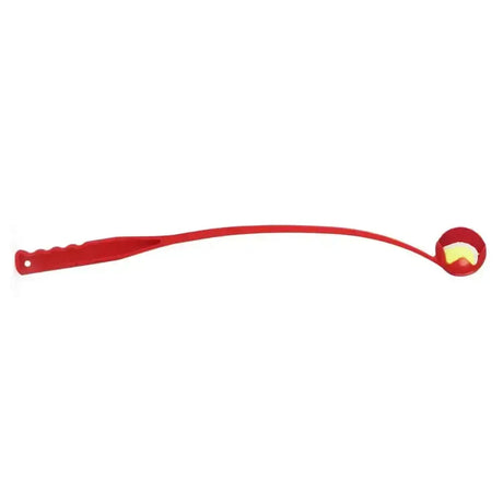 Red plastic ancol tennis ball launcher dog toy with curved handle and textured ball end for fetch fun