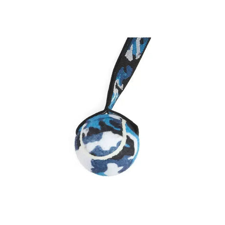 Blue and white camouflage ancol tennis ball dog toy with black strap perfect for fun playtime and fetch sessions