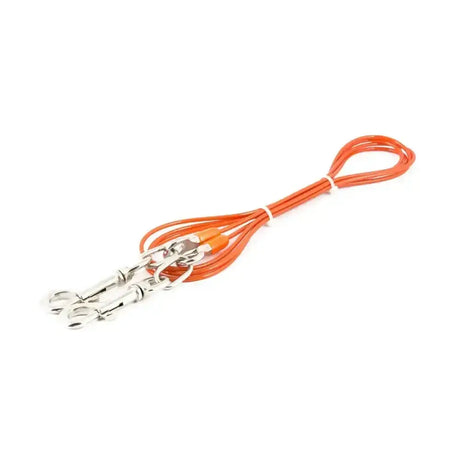 Orange braided ancol tie-out cable 2.3 metres with silver metal hardware and three detachable clips reliably tethers pets