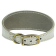 A sleek white bridle leather ancol timberwolf hound collar with a brass buckle and engraved brand name ancol