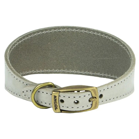 A sleek white bridle leather ancol timberwolf hound collar with a brass buckle and engraved brand name ancol